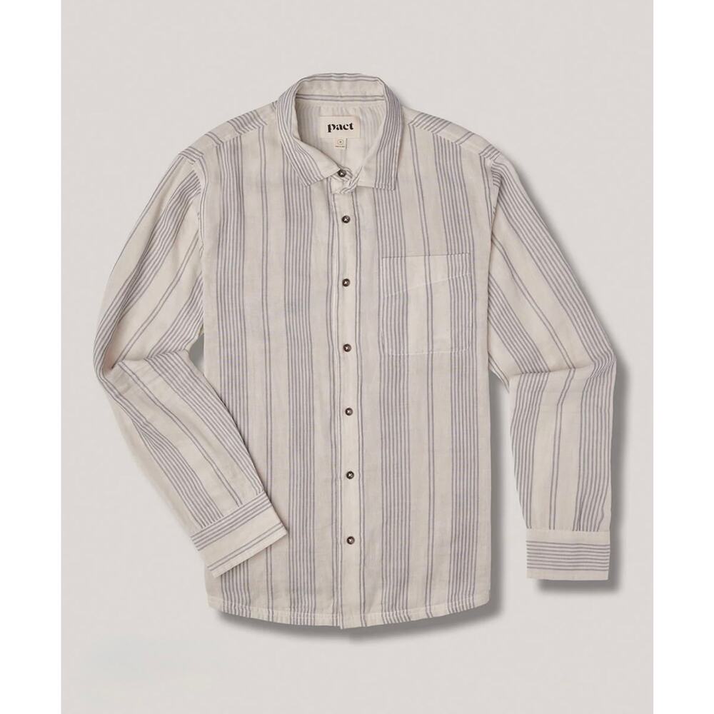 Pact Mens XL Coastal Orgnanic Long Sleeve Button Up Shirt East Coast Stripe Blue